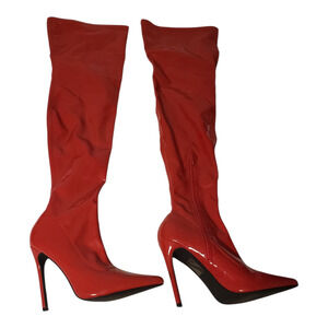 Public Desire Thigh High Sock Boots Wm Sz 6 Red Patent Stiletto Heel Over Knee 6